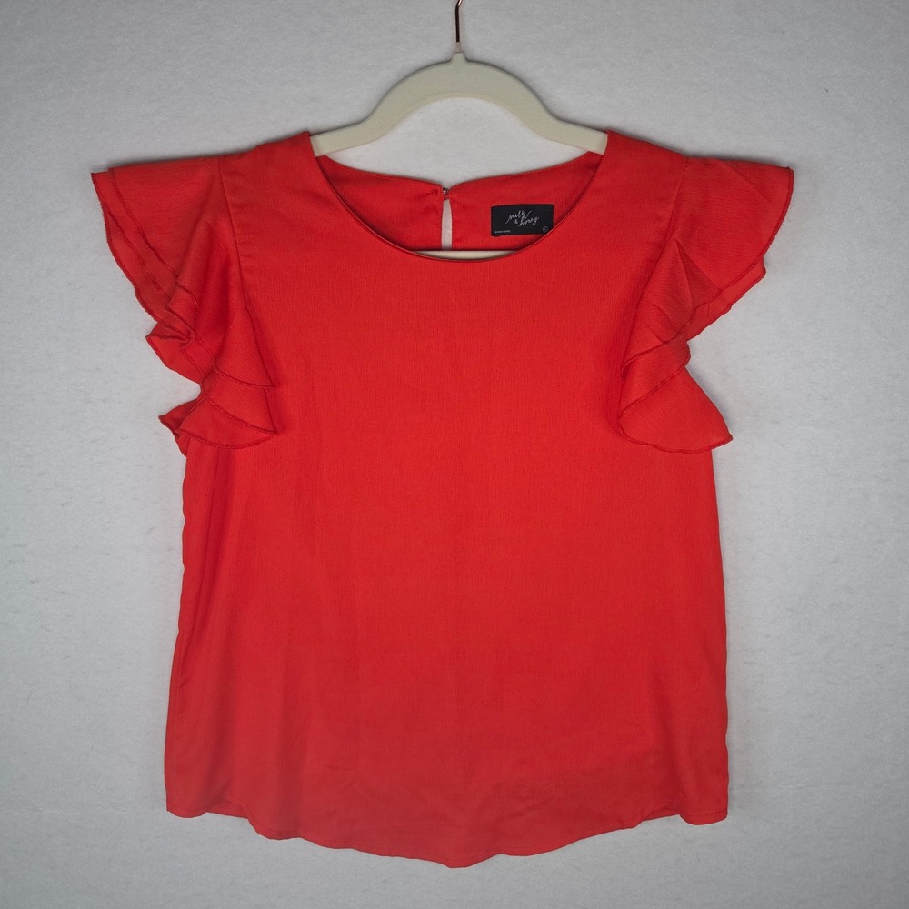 Milk & Honey Ruffle Sleeve Blouse Coral Red Keyhole Back Size Small